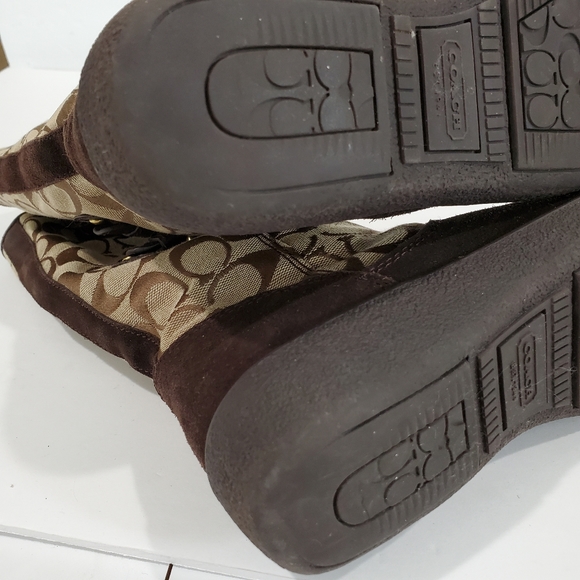 Coach Tinah Brown Leather "C" Logo Pattern Canvas Mid Calf Pull On Boots Size 5B - Picture 11 of 16